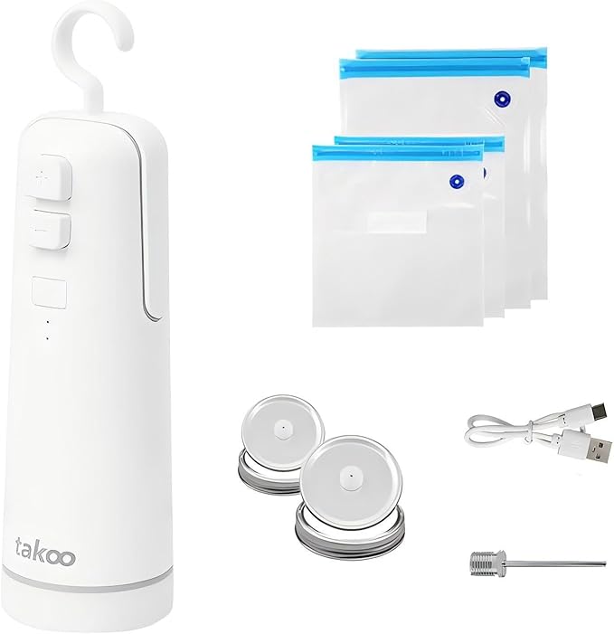 takoo 4-in-1 Portable Cordless Vacuum Sealer for Dry/Moist Food Storage with 4 Vacuum Bags, Heat Sealer for Chip Bags, Inflation Pump for Balls/Swim Ring