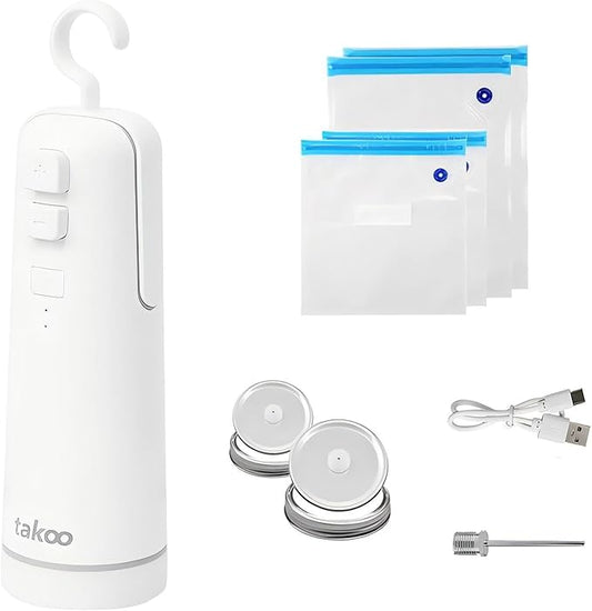 takoo 4-in-1 Portable Cordless Vacuum Sealer for Dry/Moist Food Storage with 4 Vacuum Bags, Heat Sealer for Chip Bags, Inflation Pump for Balls/Swim Ring