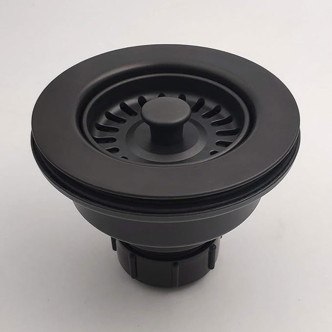 3-1/2 Inch Kitchen Sink Basket Strainer and Stopper Drain Assembly Matte Black with Removable Waste Basket Matched Color for Granite and Fireclay Sinks