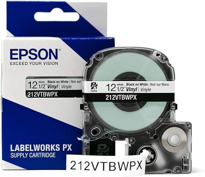 Epson LABELWORKS 212VTBWPX-10PK Genuine Tape Cartridge - 5 Pack Black on White Flexible and Durable Vinyl Industrial Label Maker Tape - 1/2" (12MM) Wide, 22.9 ft - 10 Cartridges