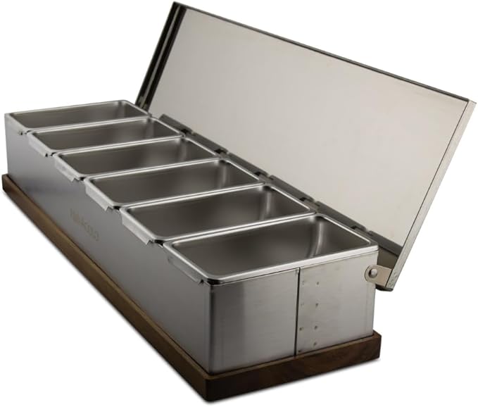 Pinnacolo 6 Slot Condiment Carrier, Stainless Steel Holders, Silicone Lids, and Gel Packs - Portable and Versatile for Outdoor BBQs and Parties