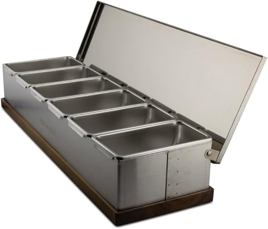 Pinnacolo 6 Slot Condiment Carrier, Stainless Steel Holders, Silicone Lids, and Gel Packs - Portable and Versatile for Outdoor BBQs and Parties
