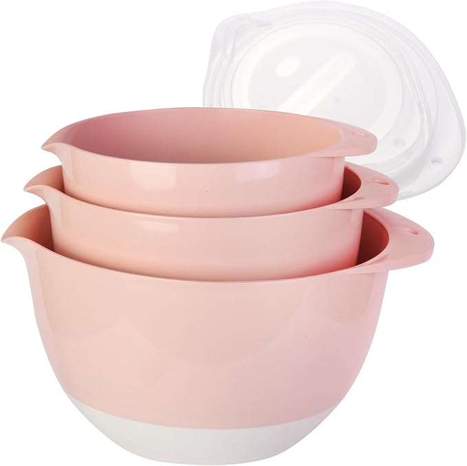 JCXivan 3 Mixing Bowls Set with Lids,Pour Spout and TPR Bottom, Plastic Nesting Bowl Use for Kitchen Cooking-Prep,Serving,Baking Bread Cake,Pancake,Waffle,Non-slip,Dishwasher Safe,3Qt,2Qt,1.5Qt,Pink