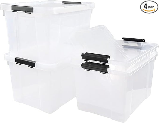 Morcte 4-Pack Clear Plastic Storage Box with Lid and Wheel, 32 L Plastic Storage Boxes