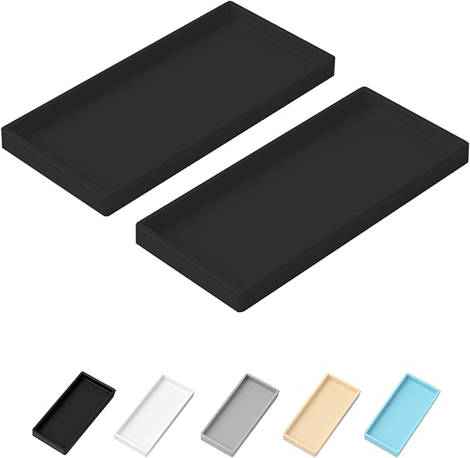 Mriluvy Vanity and Bathroom Tray, 9.8" ABS Countertop Organizer,Waterproof Vanity Tray for Toilet Tank,Perfume,Soap,Keys,Bathroom Accessories,Kitchen and Bath Trays,Non Slip Small Trays,Black,2 Pack
