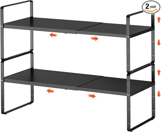 jkxoo 2Pack 16.5-27’’L Expandable Kitchen Shelf Organizer, Stackable Shelves Organizer, Adjustable Height Pantry Spice Rack for Cabinet, Countertop, Pantry and Cupboard, Black