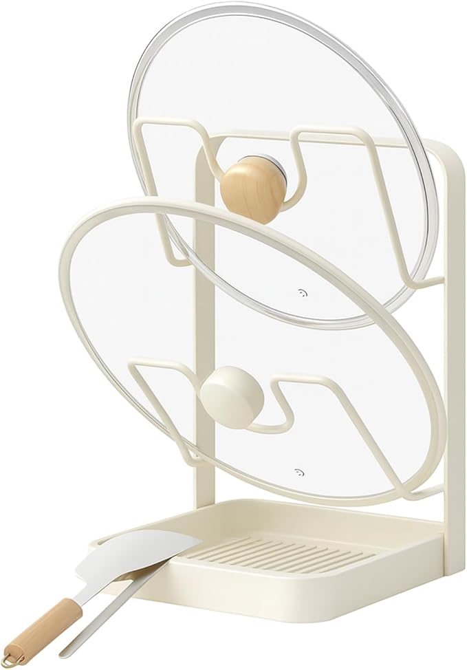 Hlonns Kitchen Pot Lid Storage Rack, Double Layer Pot Lid Organizer Rack & Holder While Cooking, Metal Pot Lid Stand with Spoon Rest and Removable Drip Tray, Space-Saving Design (Beige, 2)
