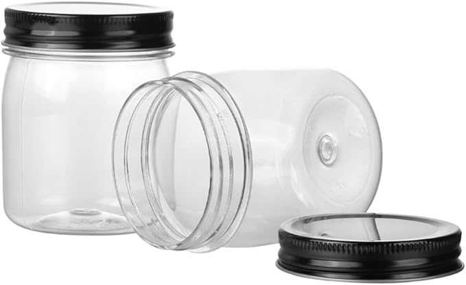 Plastic Mason Jars Reusable Storage Containers with Silver Airtight Lid 8 Ounce Clear Jars for Dry Foods, Coffee,BPA Free (32 Pack-Black)