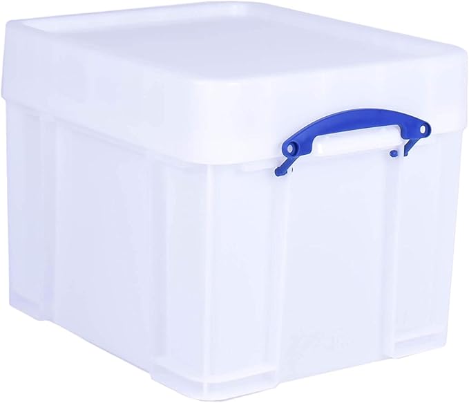 Really Useful Box 35 Liter Plastic Stackable Storage Container with XL Snap Lid & Built-In Clip Lock Handles for Home or Office Organization, White