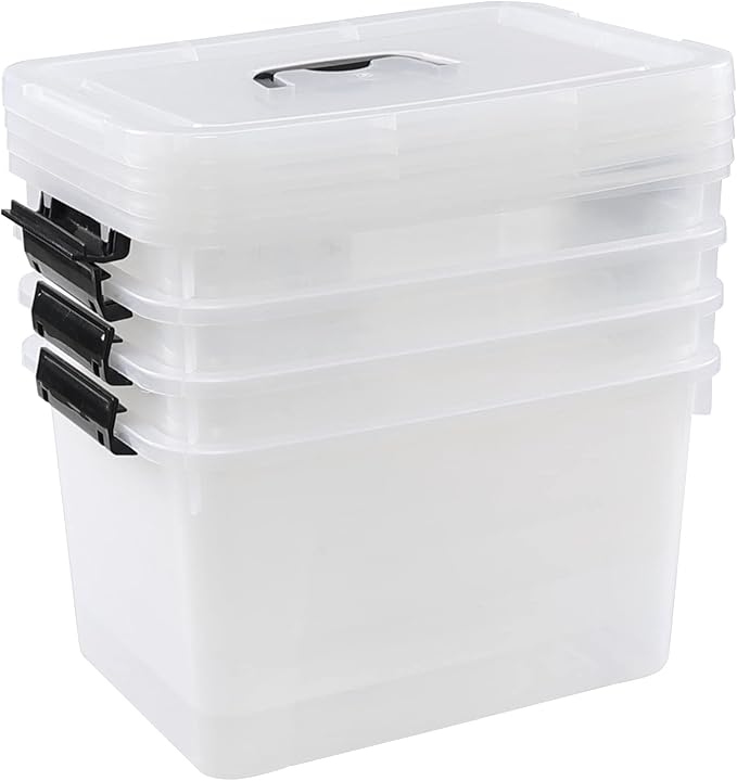 Zopnny 10 L Plastic Storage Box Container, Clear Latch Bin with Handle and Lid, 4-Pack