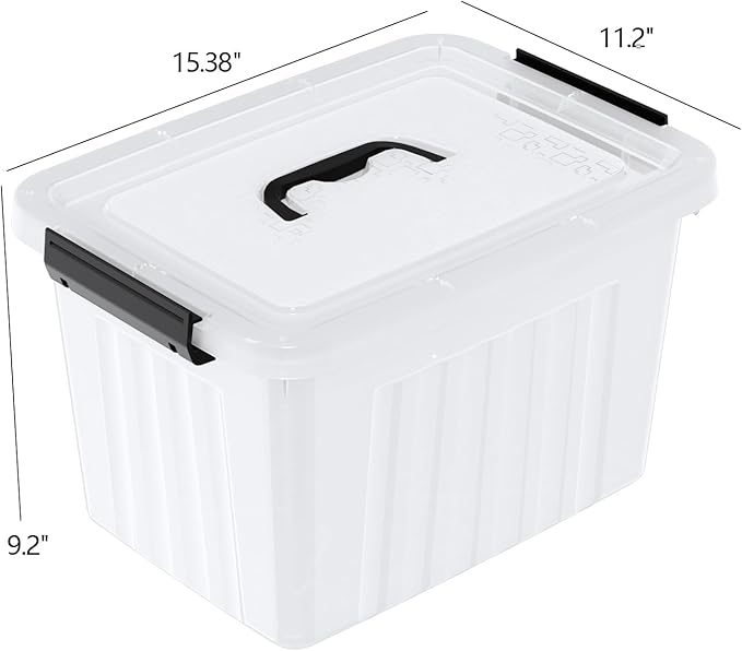 Set of 4 Storage Bins with Latch Lids, Clear Plastic Storage Box with Handle, 18 L