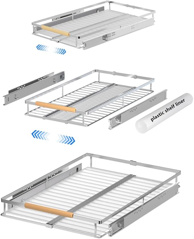 MIYUPTC Expandable Pull Out Cabinet Drawer, Slide Out Shelves Heavy Duty Metal, Kitchen Pantry Under Sink Storage Roll Out Drawer for Pots, Pans, 22.4''Deep(3 Pack)