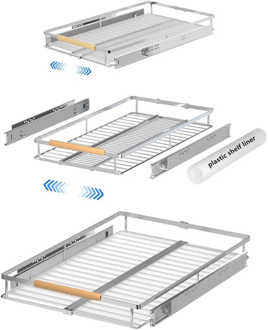 MIYUPTC Expandable Pull Out Cabinet Drawer, Slide Out Shelves Heavy Duty Metal, Kitchen Pantry Under Sink Storage Roll Out Drawer for Pots, Pans, 22.4''Deep(3 Pack)