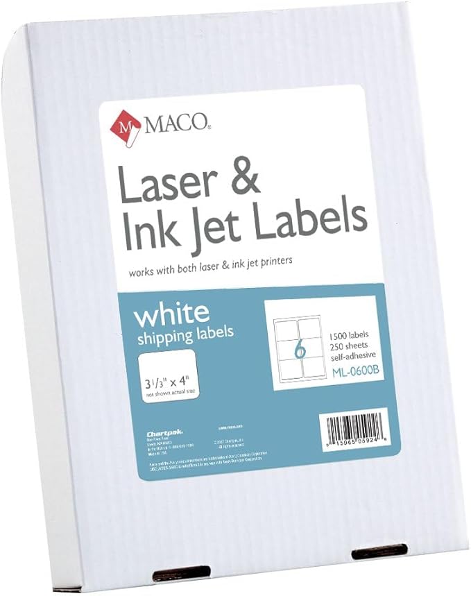 MACO Printable Labels for Shipping - Laser/Ink Jet Compatible Shipping Labels, 6 per Sheet, 3-1/3" x 4", Box of 250 Pages/1500 Labels, White