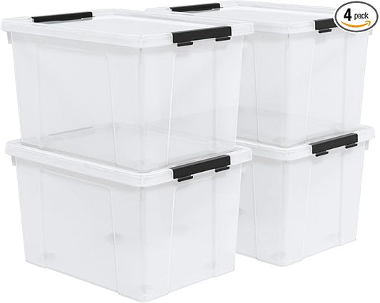 Set of 4 50 L Stackable Plastic Storage Container with Latching Lids and Wheels, Clear Home Garage Organization Bins Box, See-Through