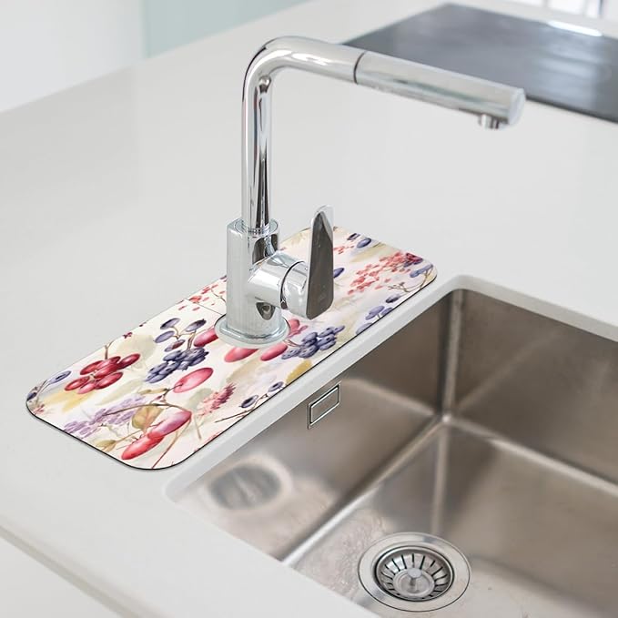 Watercolor Berry Cluster Kitchen Faucet Mat Splash Guard, 15.4”x5.7” Absorbent Quick Drying Sink Mat for Countertop Protection, Draining Mat Sink Protectors For Kitchen Bathroom, 2 Pack