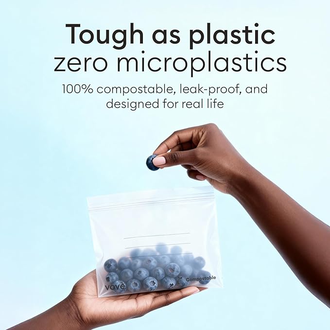 Vove Compostable Storage Bags 140 Ct Multi-Size (S/M/L/XL) – PFAS-Free, BPI Certified, Freezer Safe with Airtight Seal for Food & Meal Prep, Plant-Based