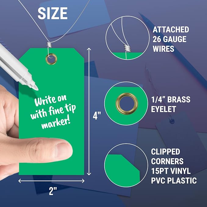 Tags 4 Less 15 Mil Blank Plastic Hang Tags with Attached Wires – 2" x 4" Heavy Duty Waterproof Hanging Labels for Outdoor Tagging, Equipment, Luggage, Valves & More (Green, Pack of 50)