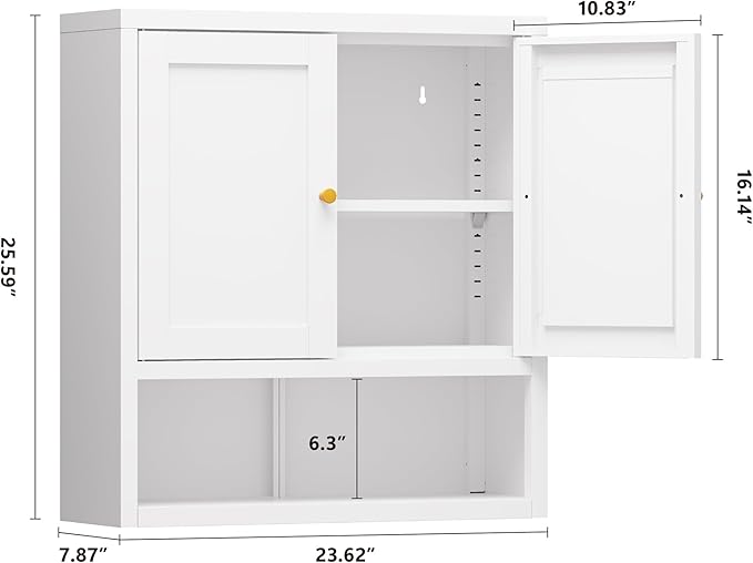 YAUWOH Metal Bathroom Storage Cabinet, Metal Storage Cabinet with 2 Adjustable Shelves & 2 Doors,Freestanding Sideboard for Small Spaces (White, Wall Cabinet-22.59" H)