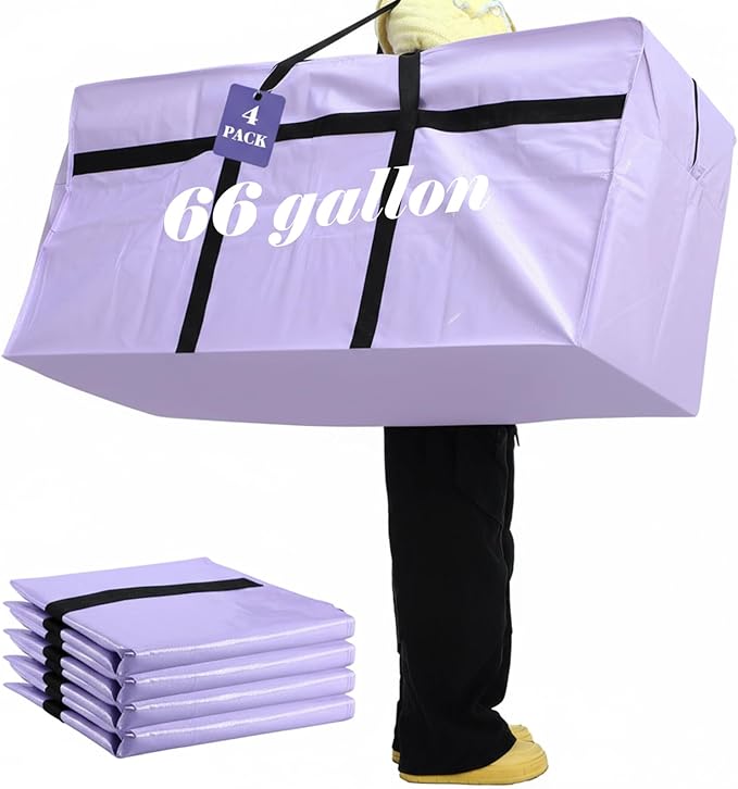 4 Pcs 66 Gallon Extra Large Moving Bags Heavy Duty Storage Bag with Strong Zipper Handle Foldable XXL Jumbo Storage Tote Packing Moving Box for College Dorm Travel Cloth Duffle (Jelly Purple)