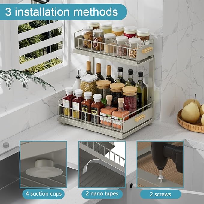 HOMEBOSILY Under Sink Organizer, Pull Out Kitchen Cabinet Organizer 2 Tier Slide Out Under Sink Organizers and Storage, Sink Shelf Cabinet Storage Shelves for Kitchen Bathroom Pantry, Grey