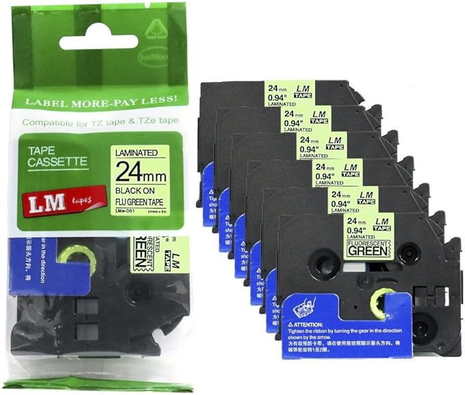 6/Pack LM Tapes - LMe-D51 Premium 1" Black Print on Bright Green Label Compatible with Brother TZe-D51 P-Touch and Includes Tape Color/Size Guide. Replaces TZD51 24mm 0.94 Laminated