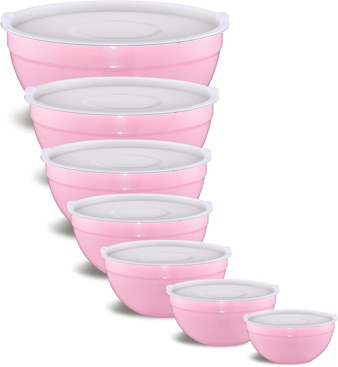 Onlycooker Pink Mixing Bowls With Airtight Lids,Stainless Steel Bowl,Salad Bowls 7 Piece Colorful Nesting Bowl Pink Kitchen Accessories,Size 7,3.6,2.7,2.1,1.5,1.1,0.8QT Stackable Design