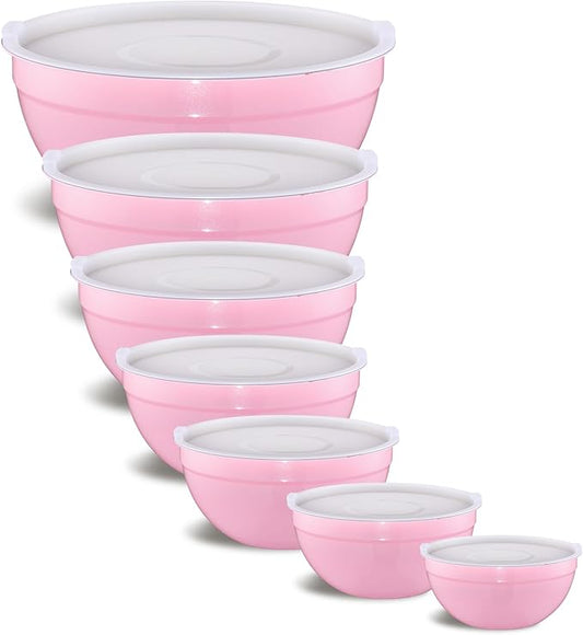 Onlycooker Pink Mixing Bowls With Airtight Lids,Stainless Steel Bowl,Salad Bowls 7 Piece Colorful Nesting Bowl Pink Kitchen Accessories,Size 7,3.6,2.7,2.1,1.5,1.1,0.8QT Stackable Design
