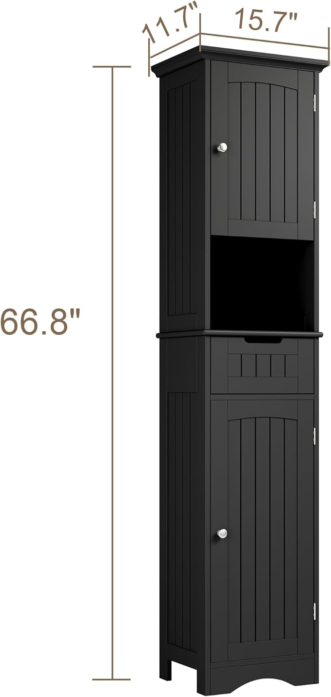 ChooChoo 67" Tall Bathroom Storage Cabinet, Narrow Bathroom Cabinet with 2 Doors and 1 Drawers, Freestanding Cupboard Floor Cabinet with Adjustable Shelves for Living Room, Kitchen, Black