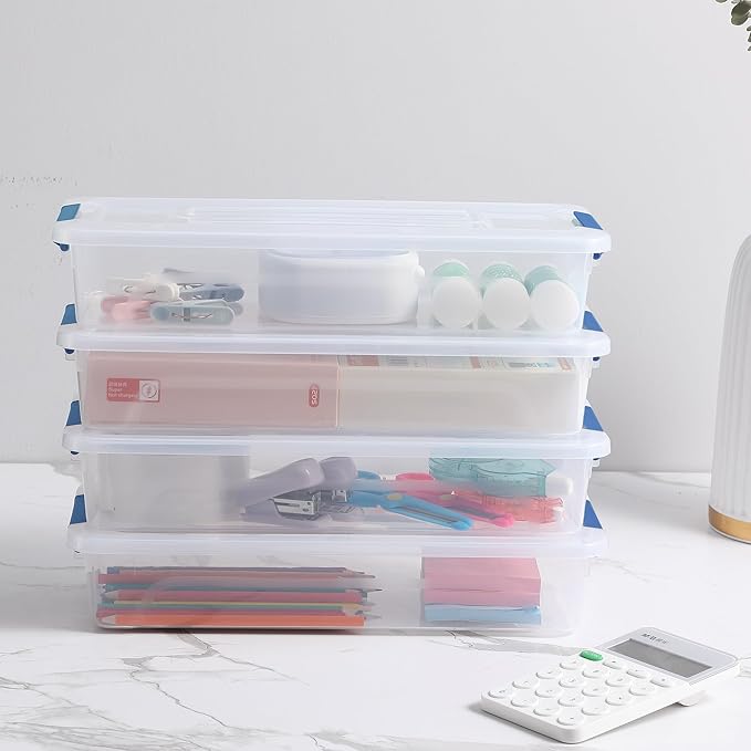 novelinks Clear Stackable Storage Bins with lid Storage Boxes Durable Plastic Organizer Containers for Home Office, Kitchen, Craft Supplies (4 Quart 8 Pack Blue)