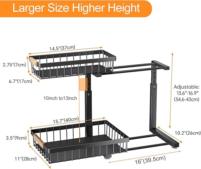 PXRACK Under Sink Organizer, Adjustable Height, 2 Tier Pull Out Under Cabinet Organizer, Slide Out Thickened Metal Under Sink Storage for Kitchen Bathroom Laundry Pantry Cabinet, 2-Pack, Black