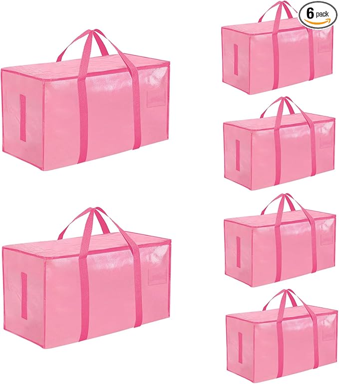 6 Pack-Extra Large Heavy Duty Moving Bags - Waterproof Storage Totes with Handles & Zippers, Foldable for College Dorm, Storage (Pink)