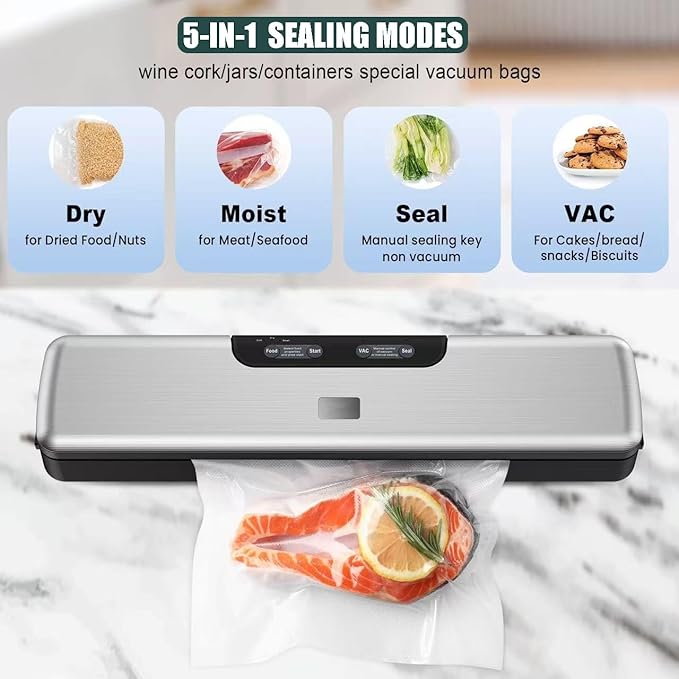Food Saver Vacuum Sealer Machine -100 Times Consecutive Works | 5mm Sealing Wire | 5 Food Modes | Compact Design Dry&Moist Multi-Functional Storage with 10 Vacuum Seal Bags