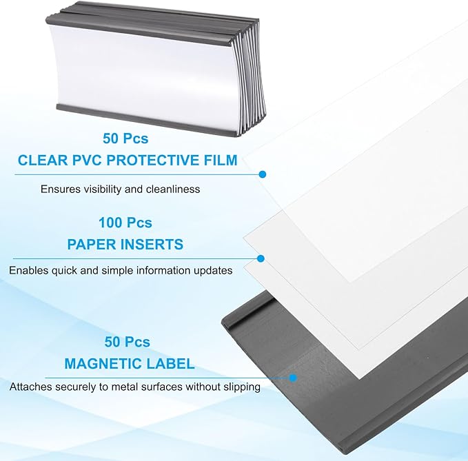 PATIKIL Magnetic Label Holder 4" x 2" with Paper Inserts, 50 Pcs C Channel Magnetic File Cabinet Labels Shelf Data Card Holder Signs for Metal Racks Shelves Whiteboard Tool Box