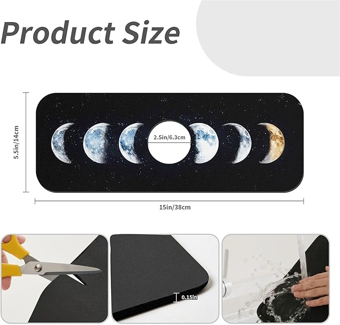 Kitchen Sink Splash Guard，phase of the moon Faucet Mat Sink Gadgets-Super Absorbent Fast Drying Mat Drip Catcher for Kitchen, Bathroom,Sink Mat, Dish Drying Mat, Bathroom(15" X 5.5" )