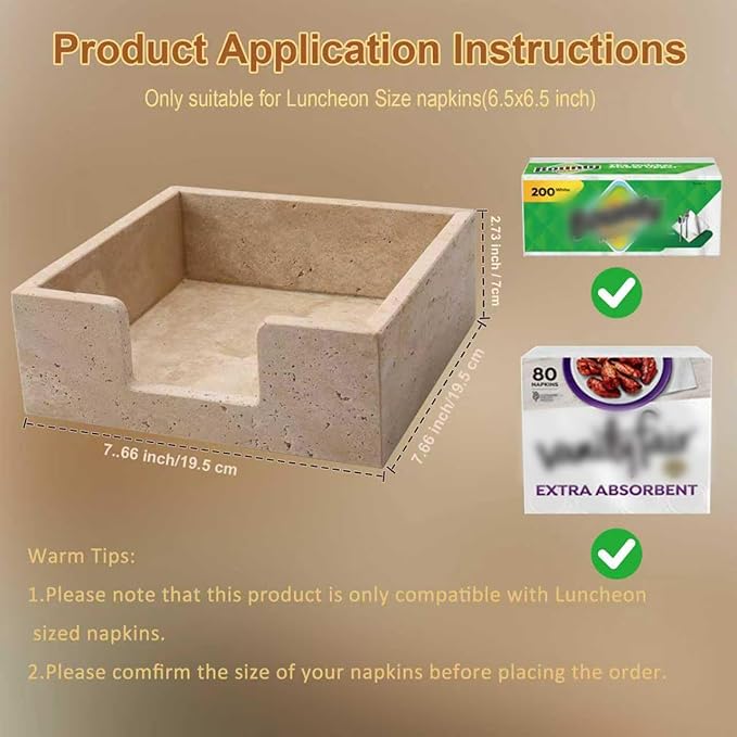 Shonmogar Luncheon Napkin Holder,Travertine Stone Napkin Holders Fit for 6.5”x6.5” Luncheon-Sized Napkins,Stone Napkin Holder for Table Kitchen Counter Dining Room Party Bar Decor,Beige