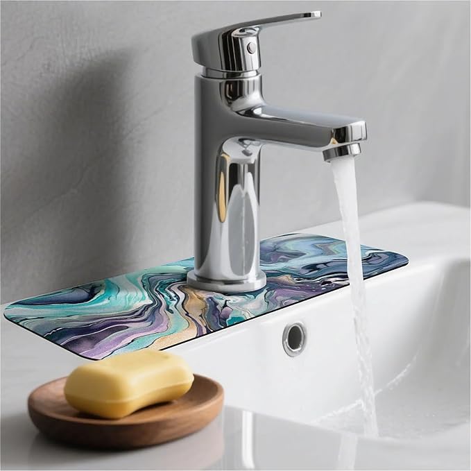 Kitchen Sink Splash Guard，Cool colors abstract marble Faucet Mat Sink Gadgets-Super Absorbent Fast Drying Mat Drip Catcher for Kitchen, Bathroom,Sink Mat, Dish Drying Mat, Bathroom(15" X 5.5" )