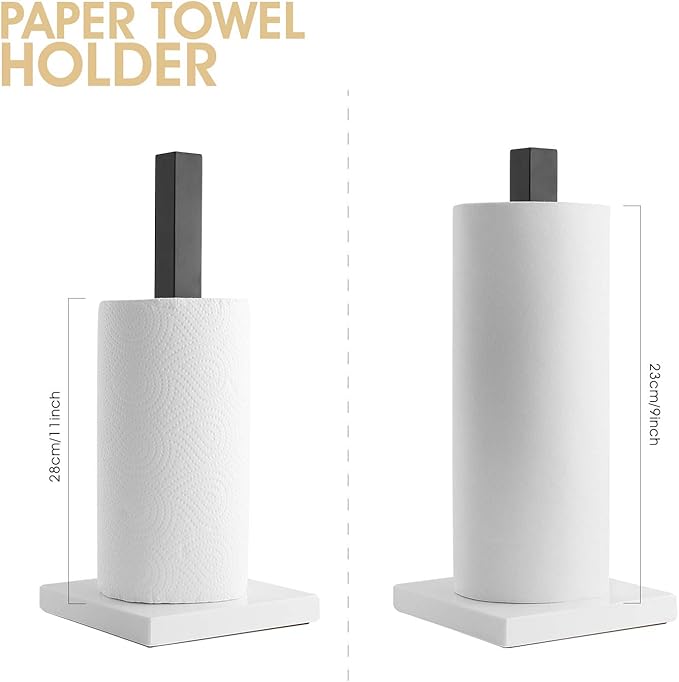 LUTAVOY Paper Towel Holder Kitchen Standing Paper Towel Roll Holder with Marble Base for Bathroom Kitchen Countertop(Matt Black,White Base KZ60)
