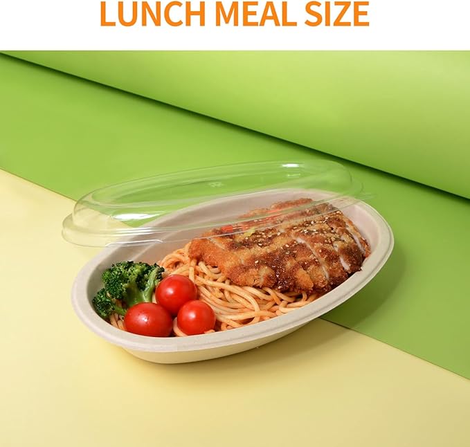 Celel 50 Pack 28 Oval Paper Bowls with Lids, Microwavable Oval Disposable Containers for Burrito, Salads, Pasta, Com-postable Meal Prep Food Containers - 50 Bowls 50 Lids