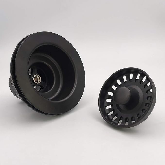 3-1/2 Inch Kitchen Sink Basket Strainer and Stopper Drain Assembly Matte Black with Removable Waste Basket Matched Color for Granite and Fireclay Sinks
