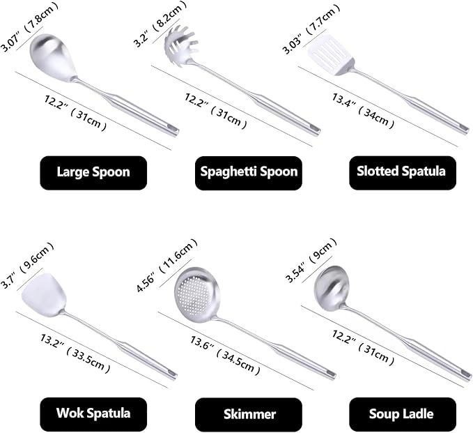 NIITAWH 18/10 Stainless Steel Kitchen Utensils Set, 6 Pcs Professional All Metal Cooking Utensils Set 12-13.6 Inch, Wok Spatula, Ladle, Skimmer, Slotted Spatula Turner, Spaghetti Spoon, Large Spoon