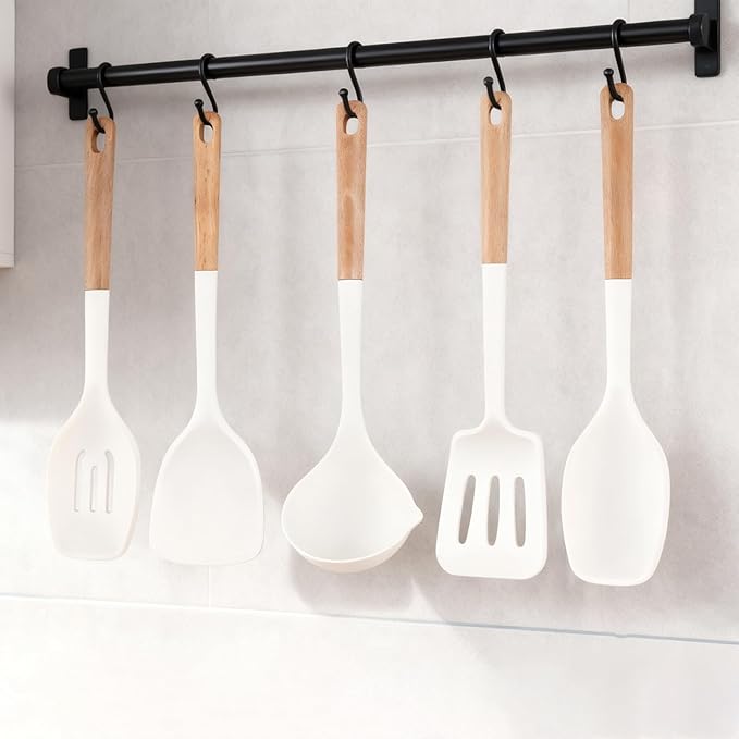 IOCBYHZ Silicone Cooking Utensils Set 5 Pcs Large Non-Stick Kitchen Utensils Set, Wooden Handle Heat Resistance Turner Soup Ladle Spoon Silicone Cooking Kitchen Gadgets BPA Free for Nonstick Cookware