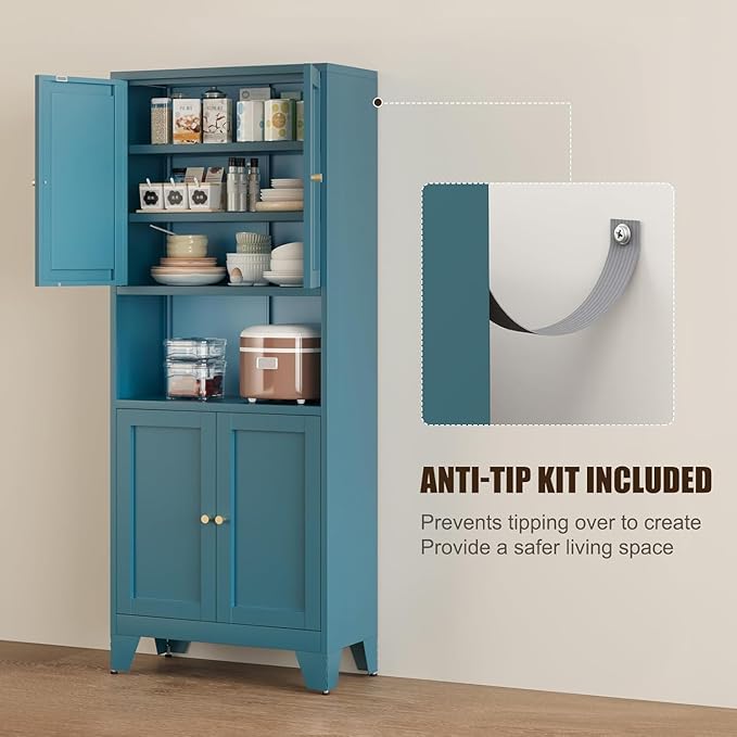 YAUWOH Metal Pantry Storage Cabinet, 69" Tall Storoge Cabinet with 4 Doors & 3 Adjustable Shelves, Microwave Stand with Storage for Kitchen, Dining Room, Living Room (1PC,Blue)