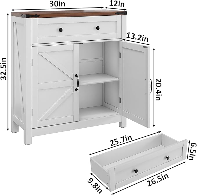 Mino Kesper Farmhouse Storage Cabinet with 2 Doors, White Kitchen Cabinet with Walnut Countertop, Freestanding Floor Storage Cabinets Hutch Cupboard