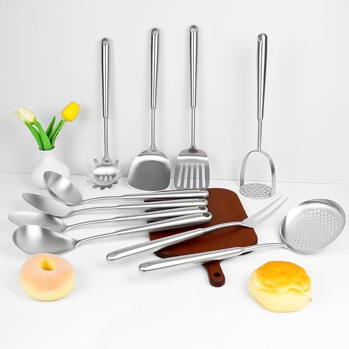 18 10 Stainless Steel Cooking Utensils Set, 10PCS Metal Kitchen Utensils Set for Wok,Kitchen Tools Set Come with Spoon, Fork, Spatula, Ladle, Skimmer, Turner, Pasta Server