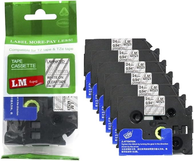 6/Pack LM Tapes - LMe-155 Premium 1" White Print on Clear Label Compatible with Brother TZe-155 P-Touch and Includes Tape Color/Size Guide. Replaces TZ155 24mm 0.94 Laminated