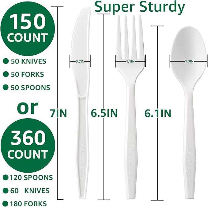 BIOCEAN 100% Compostable No Plastic Utensils - Heavy Duty Eco-Friendly Flatware for Lounge, Party, Wedding, BBQ, Picnic, Camping [Utensils Set, 360 Count]