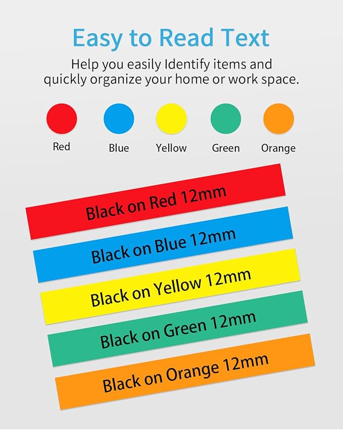 MarkDomain Compatible Label Tape Replacement for Brother P Touch TZe Tz Tape 12mm 0.47 Inch (Black on Red/Blue/Yellow/Green/Orange) for P Touch PT-D210 H110 Label Maker, Laminated, 5-Pack