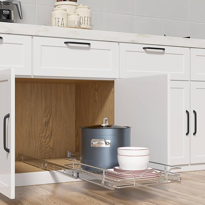OCG Pull Out Cabinet Organizer (14.75" W x 17" D), Pull out Drawers, Cabinet Pull Out Shelves for Base Cabinet Organization in Kitchen Bathroom Pantry, Bottom Mount, Chrome Finish