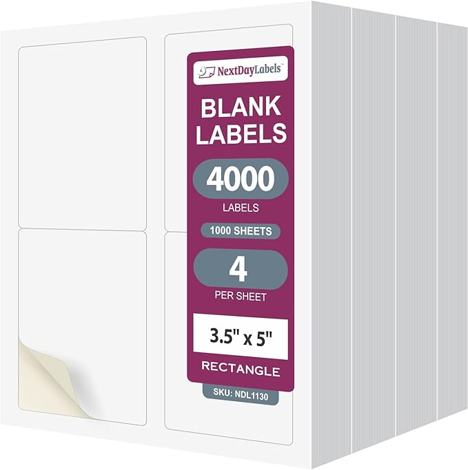 NextDayLabels 3.5x5 Inch Rectangle Stickers White Blank Labels for Laser Inkjet Printer - 4 Per Sheet Self-Adhesive Shipping Address Mailing Made in USA - 4000 Labels